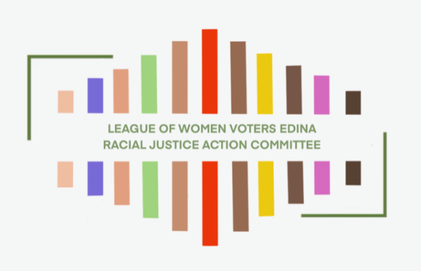 horizontal colorful stripes surrounding the words League of Women Voters Edina Racial Justice Action Committee 